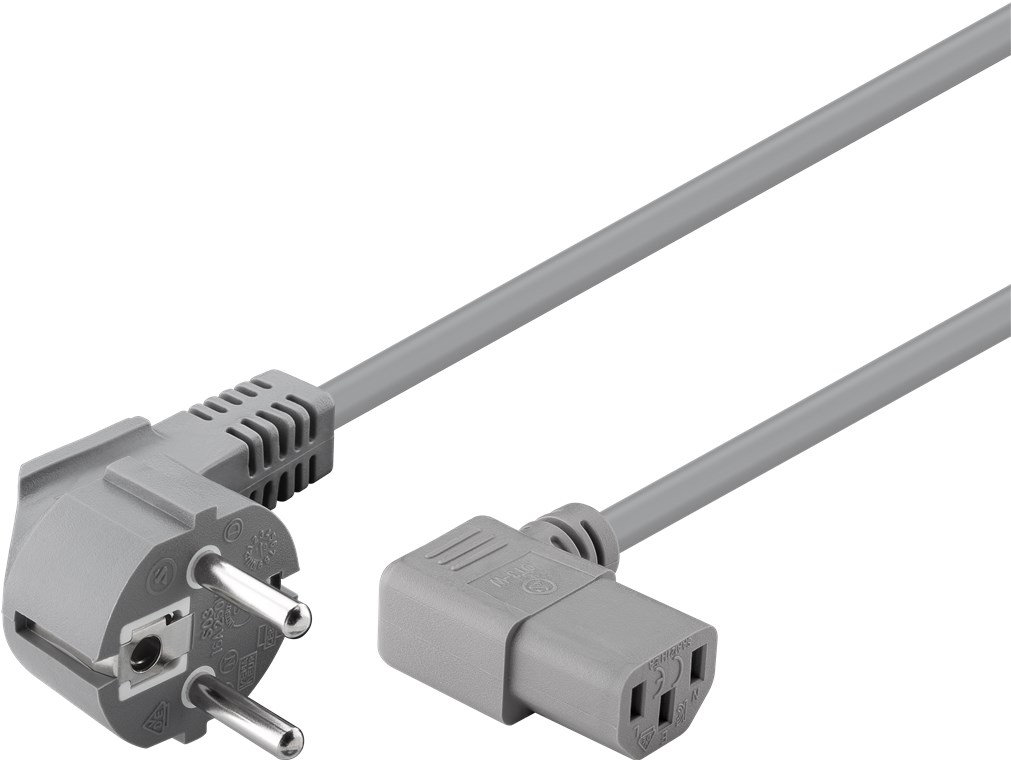 Goobay Beidseitig abgewinkeltes Kaltgeräte-Anschlusskabel, 2 m, Grau - Schutzkontaktstecker (Typ F, CEE 7/7) > Gerätebuchse C13 (Kaltgeräteanschluss)