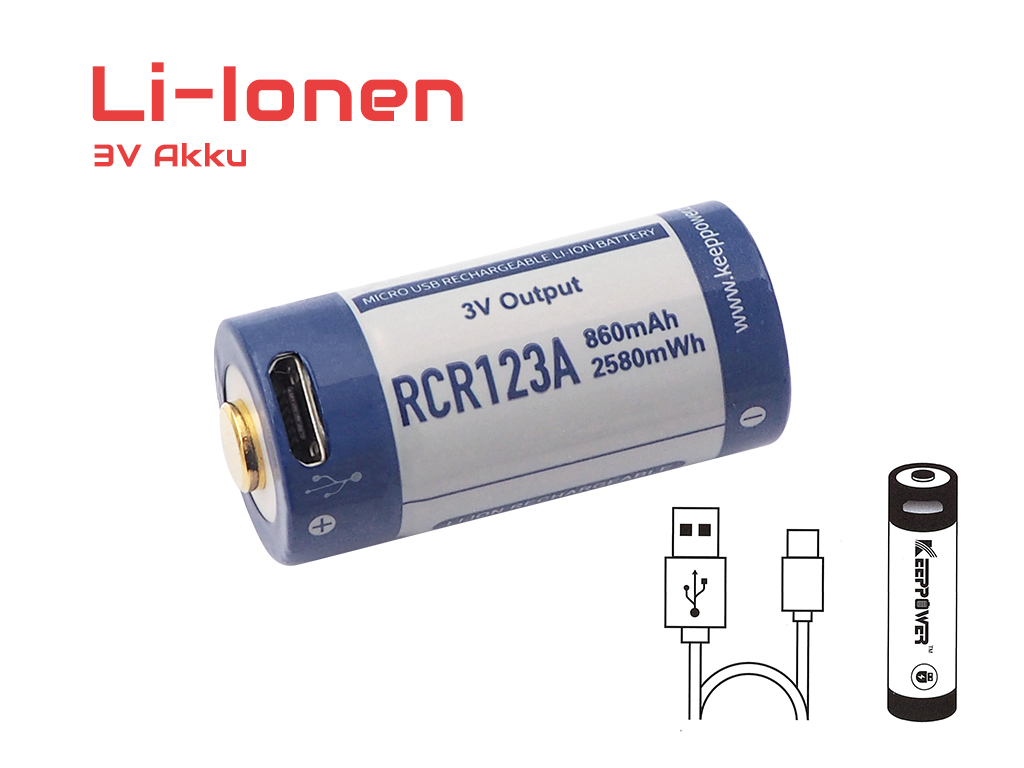 RCR123A 3.0 Volt 880mAh 1,5A Lithium Ionen Akku 16340, wiederaufladbar nur über micro USB