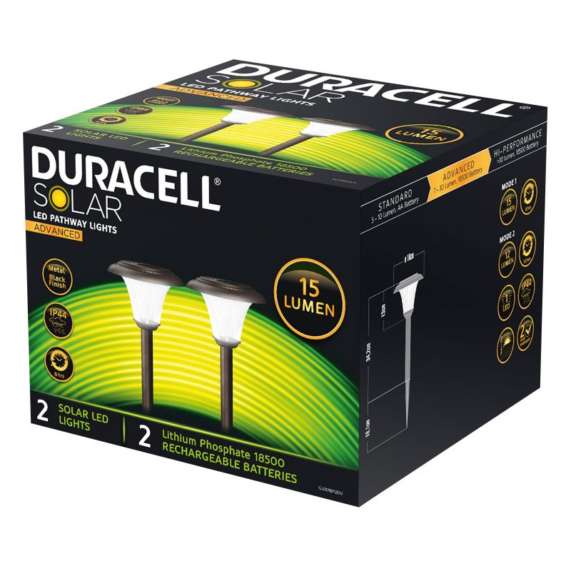 2er Set Duracell LED Solar Gartenlampe mit bis zu 15 Lumen, rostfreier Edelstahl, mit Lithium LiFePO4 Akku