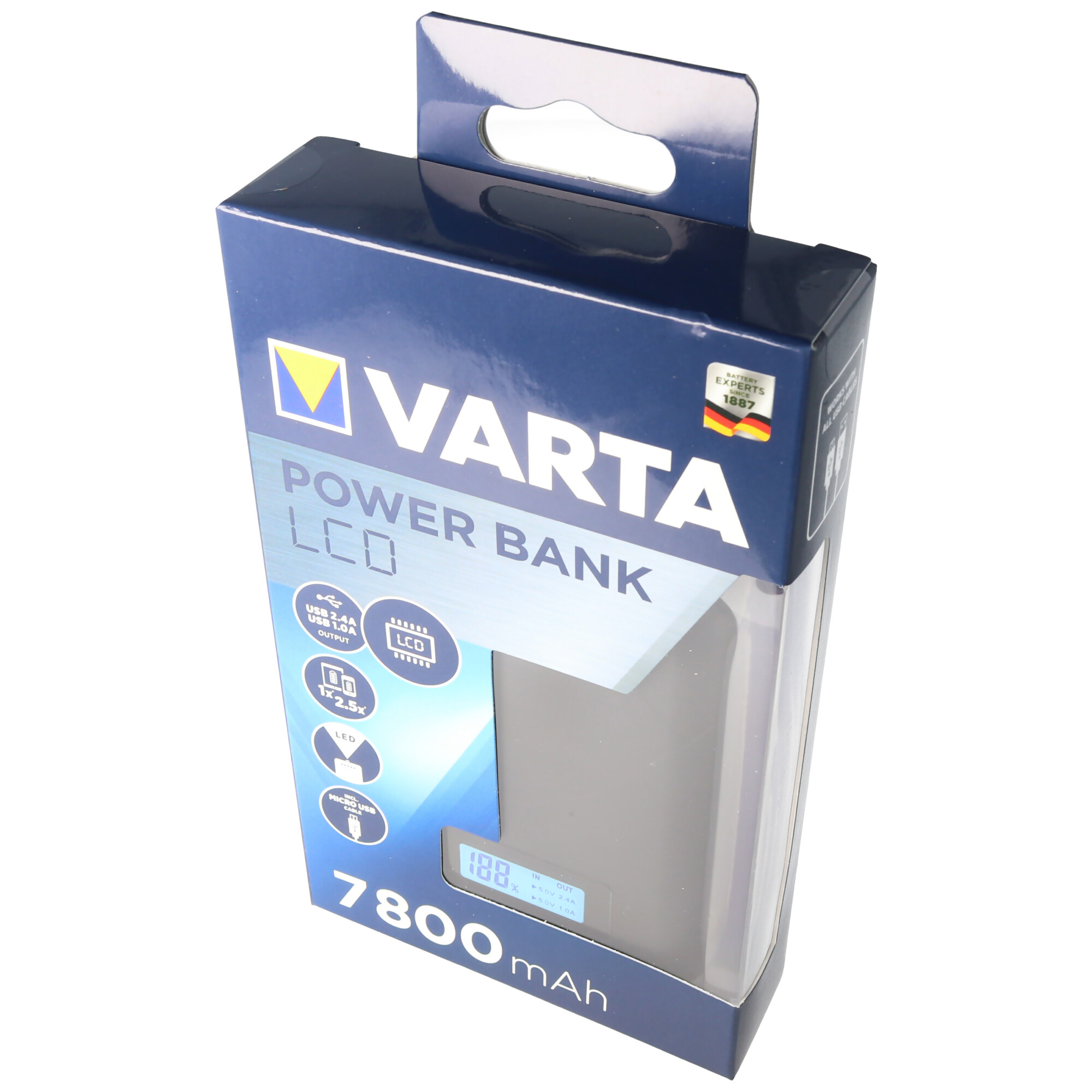 Varta Powerbank LCD 7800mAh Ladestrom max. 2,4A mit Micro USB Ladekabel und 2x USB Anschluss
