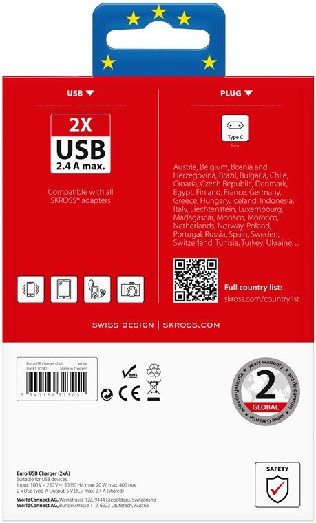 Skross Euro USB Charger - lädt schnell und gleichzeitig bis zu zwei USB Geräte (2,4A)