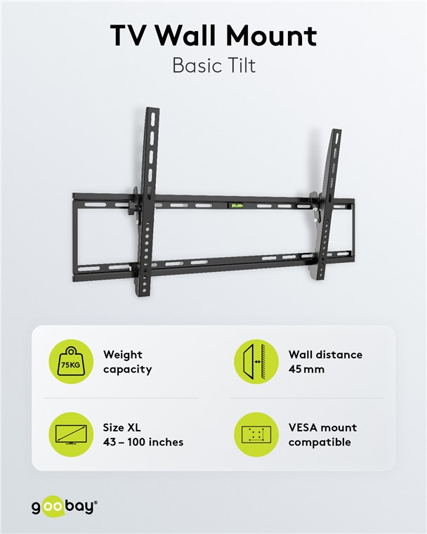 Goobay TV-Wandhalterung Basic TILT (XL) - Halterung für Fernseher von 43 bis 100 Zoll (109-254 cm), neigbar bis 75 kg