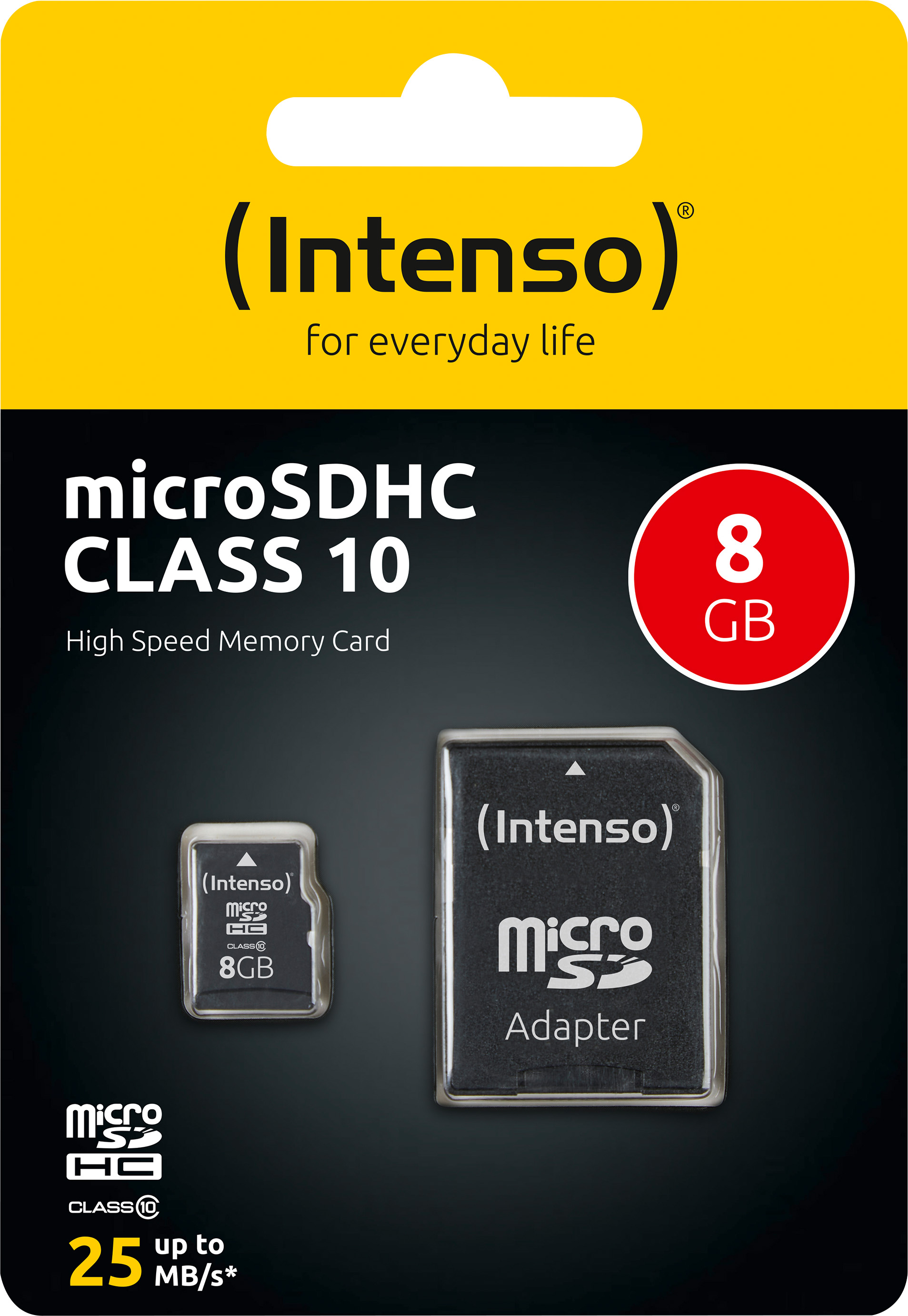 Intenso microSDHC Card 8GB, Class 10 (R) 25MB/s, (W) 10MB/s, SD-Adapter, Retail-Blister