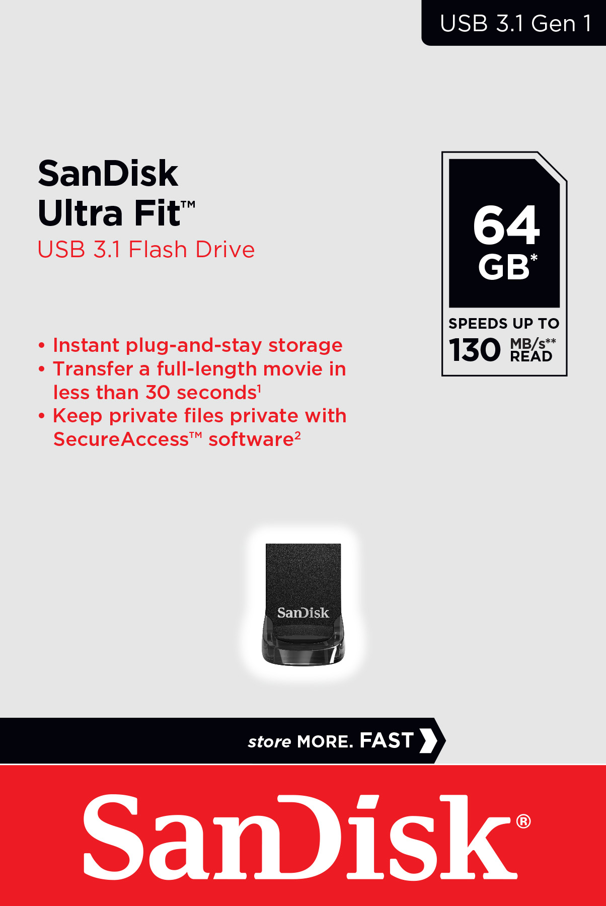 Sandisk USB 3.1 Stick 64GB, Ultra Fit Typ-A, (R) 130MB/s, (W) 60MB/s, Retail-Blister