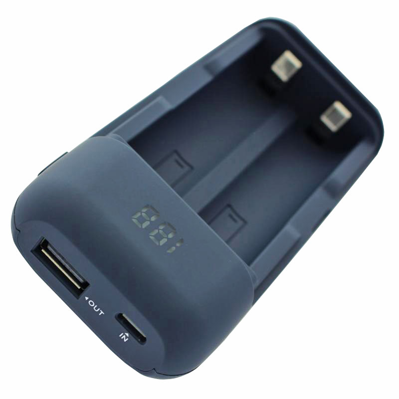 2fach USB-Schnell-Ladegerät und Powerbank für 18650er Li-Ion Akku mit max. 65mm Länge