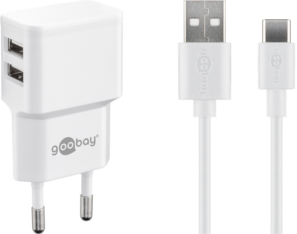 Goobay USB-C™ Dual Ladeset 2,4 A - Netzteil mit 2x USB-Buchse und USB Type-C™ 1m Kabel (weiß)