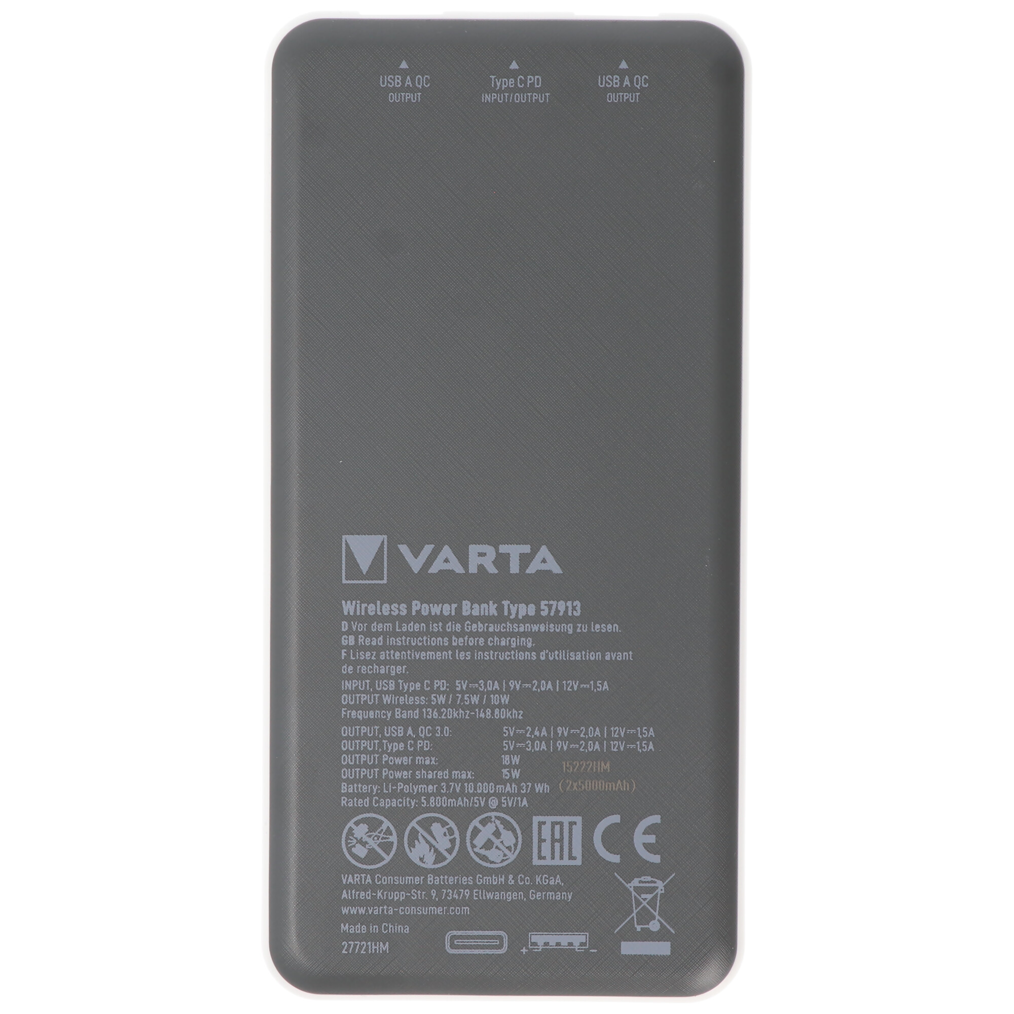 Varta Akku Powerbank, 3,7V/10.000mAh, Wireless,  2xUSB-A/1xUSB-C, QC 3.0, Power Delivery