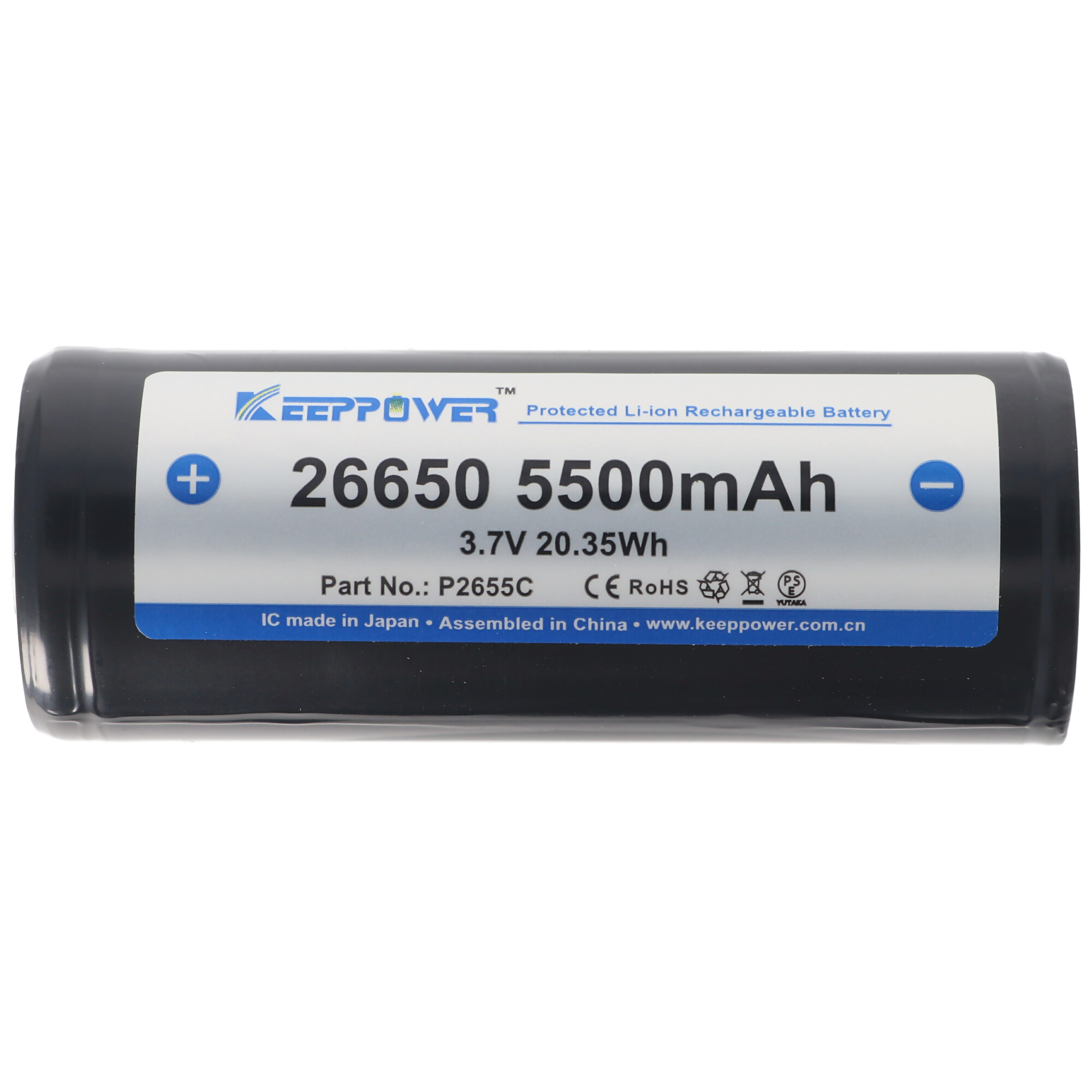 Keeppower 26650 Li-Ion Akku 5500mAh, 3,6V bis 3,7V, Maße 69,9x26,5mm PCB geschützt