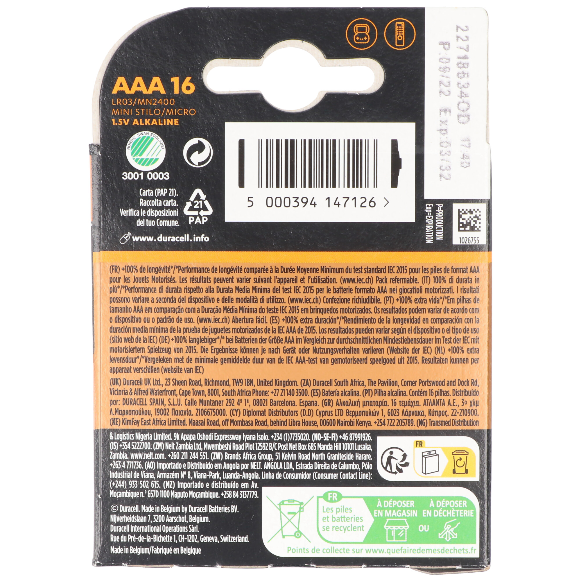 Duracell Batterie Alkaline, Micro, AAA, LR03, 1.5V Plus, Extra Life, Retail Blister (16-Pack)
