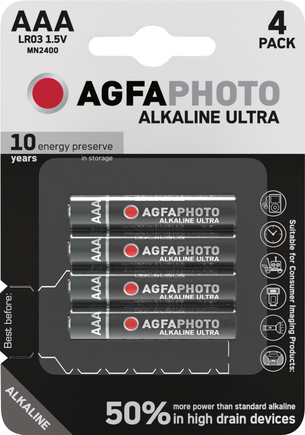 Agfaphoto Batterie Alkaline, Micro, AAA, LR03, 1.5V Ultra, Retail Blister (4-Pack)