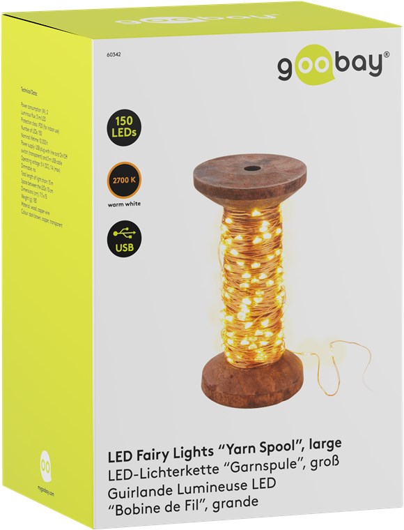Goobay LED-Lichterkette "Garnspule", groß - mit USB-Kabel 3 m, Lichterkette 15 m mit 150 Micro-LEDs in Warmweiß (2700 K) und Schalter (Ein/Aus)