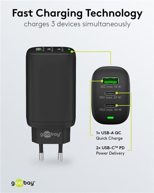 Goobay USB-C™ PD 3-fach Multiport-Schnellladegerät (65 W) schwarz - 2x USB-C™-Anschlüsse (Power Delivery) und 1x USB-A-Anschluss (Quick Charge) - schwarz