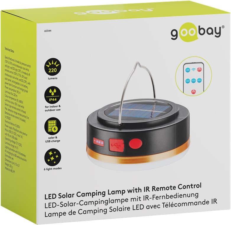 Goobay LED-Solar-Campinglampe mit IR-Fernbedienung - mit 6 Leuchtmodi, Solarpanel, Li-Ion-Akku 18650 (3,7 V, 2000 mAh), Powerbank-Funktion und USB-Kabel, für den Außeneinsatz geeignet (IP44)
