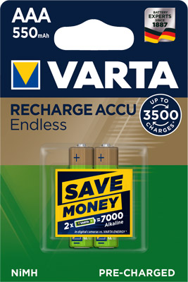 Varta Recharge Accu Endless 56663101402 AAA LR03 Akku 2er Blister 1,2 Volt 550mAh bis zu 3500x aufladbar, inklusive kostenloser AccuCell Akkubox