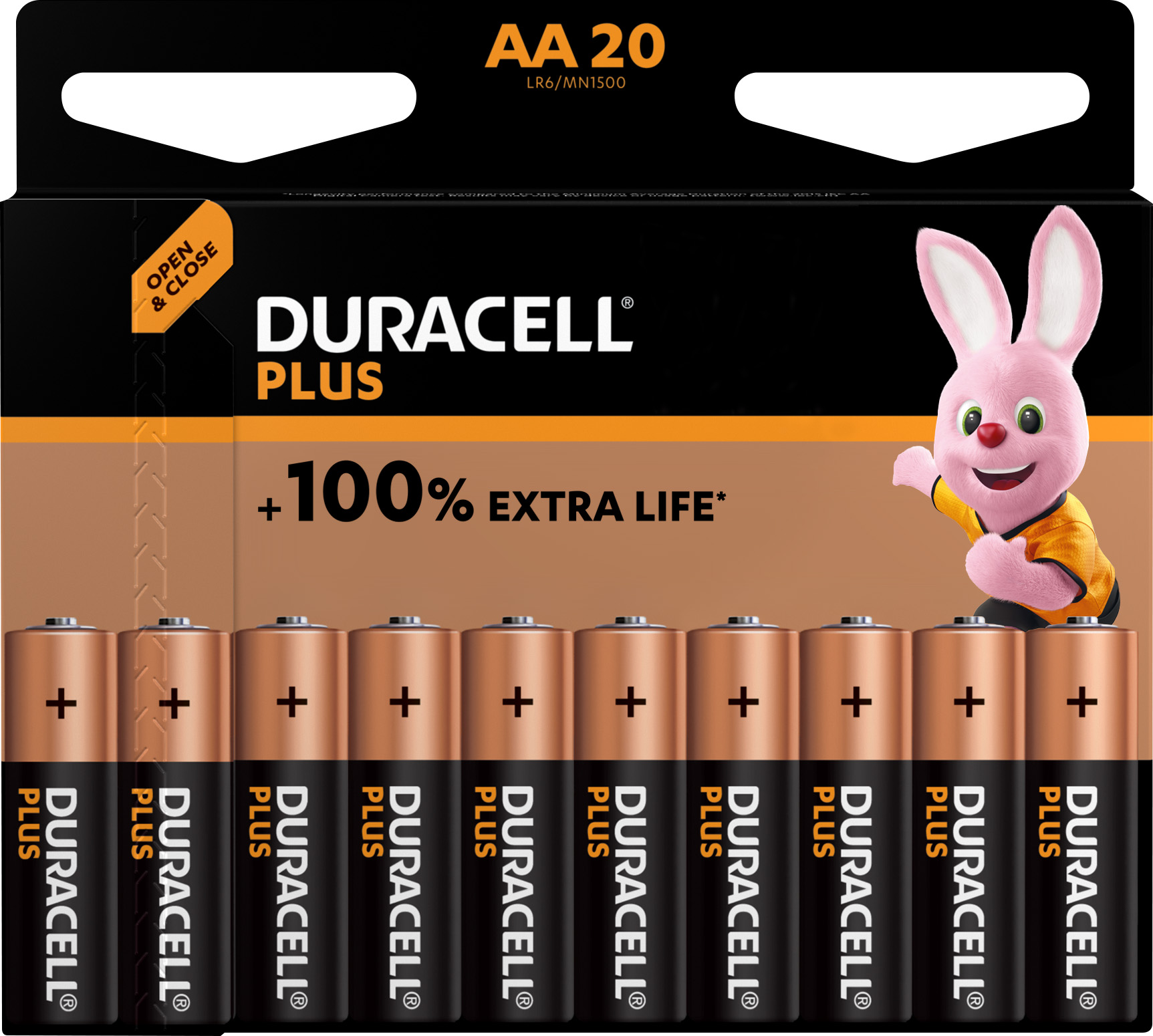 Duracell Batterie Alkaline, Mignon, AA, LR06, 1.5V Plus, Extra Life, Retail Blister (20-Pack)