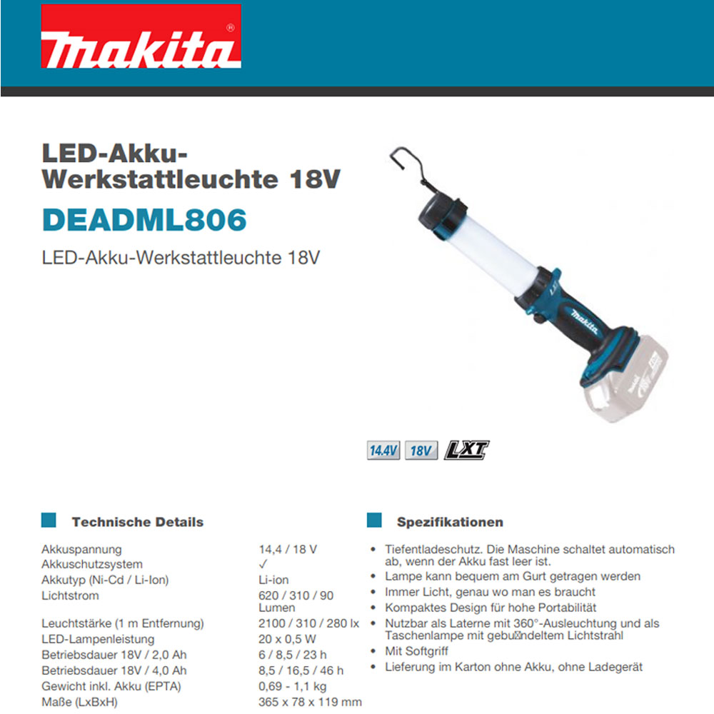 Makita Akku-Lampe DML806 DEADML806 LED-Arbeitsleuchte ohne Akku/Ladegerät