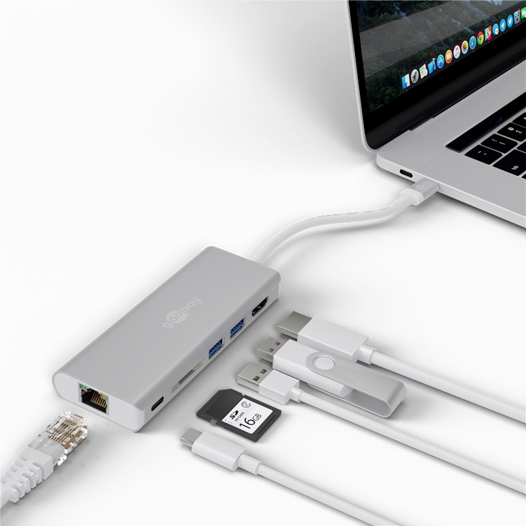 USB-C-Multiport-Adapter HDMI 4k30Hz, USB, CR, RJ45, PD, Alu, silber erweitert ein USB-C Gerät um einen Ethernet-, ein HDMI-, zwei USB 3.0- und einen USB-C-Anschluss, sowie einen Kartenschacht für SD K