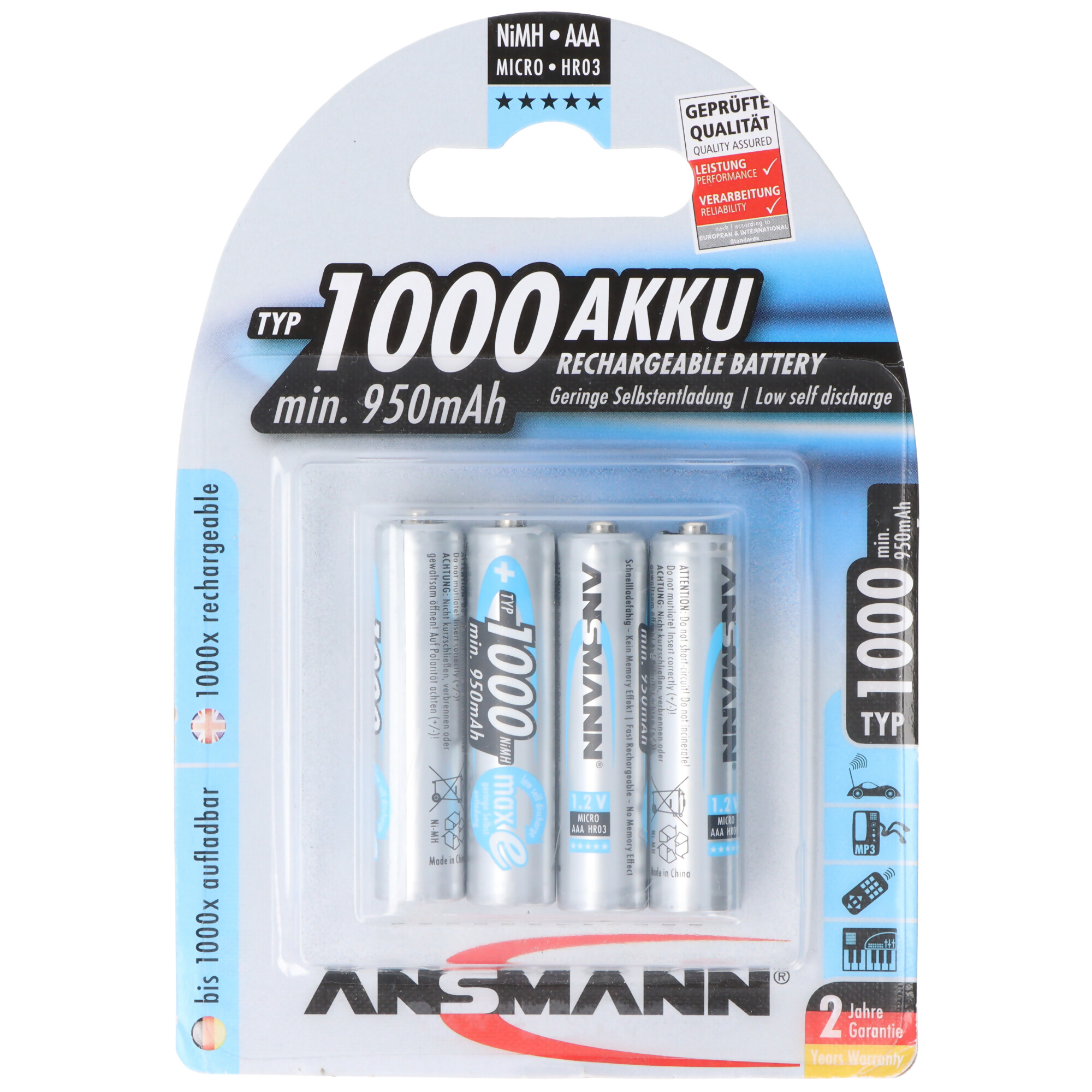 Ansmann NiMH-Akku Typ 1000 AAA Micro 950mAh 4er-Blister