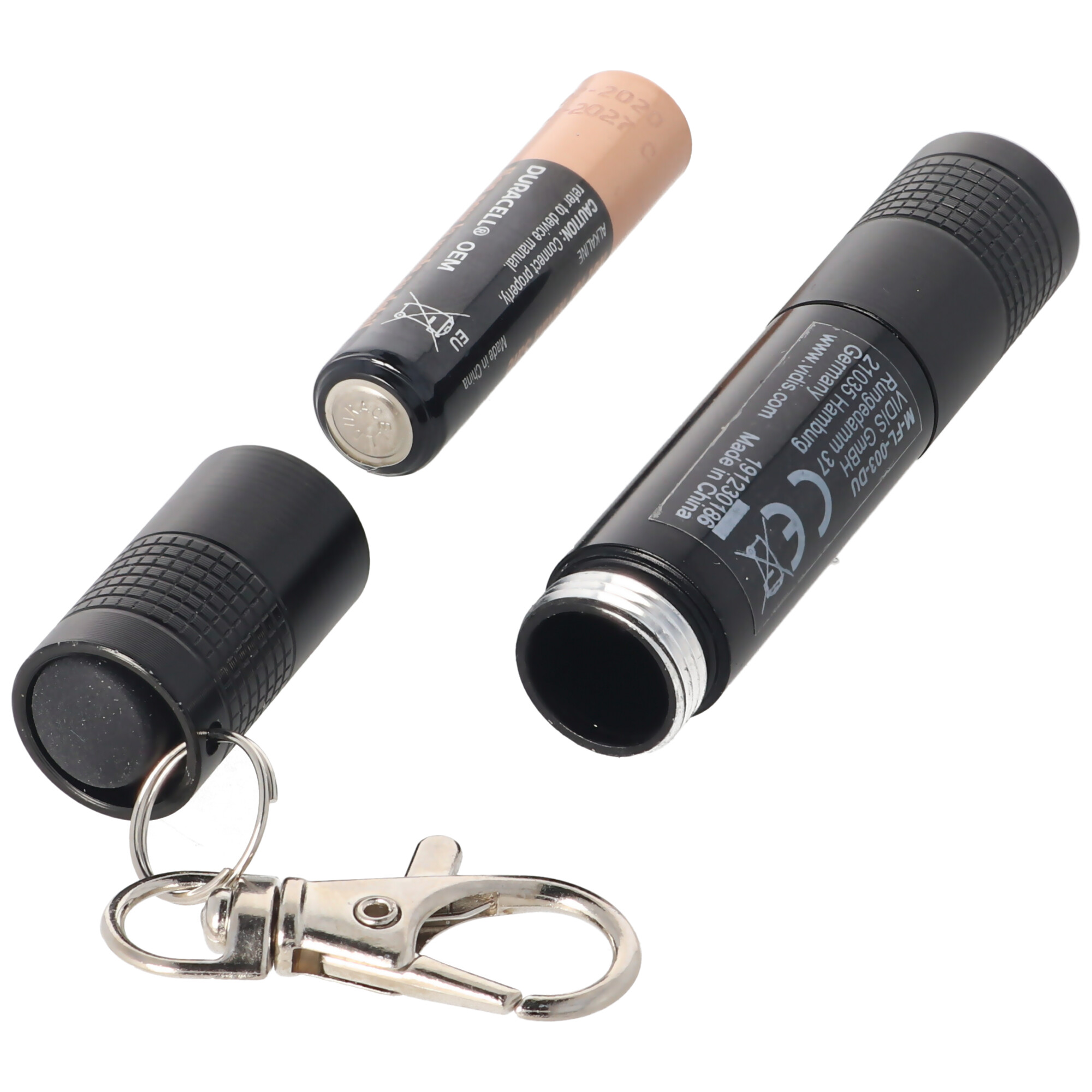 20 Lumen Miniatur LED-Taschenlampe im Stiftformat inklusive Schlüsselring, Karabiner und Batterie
