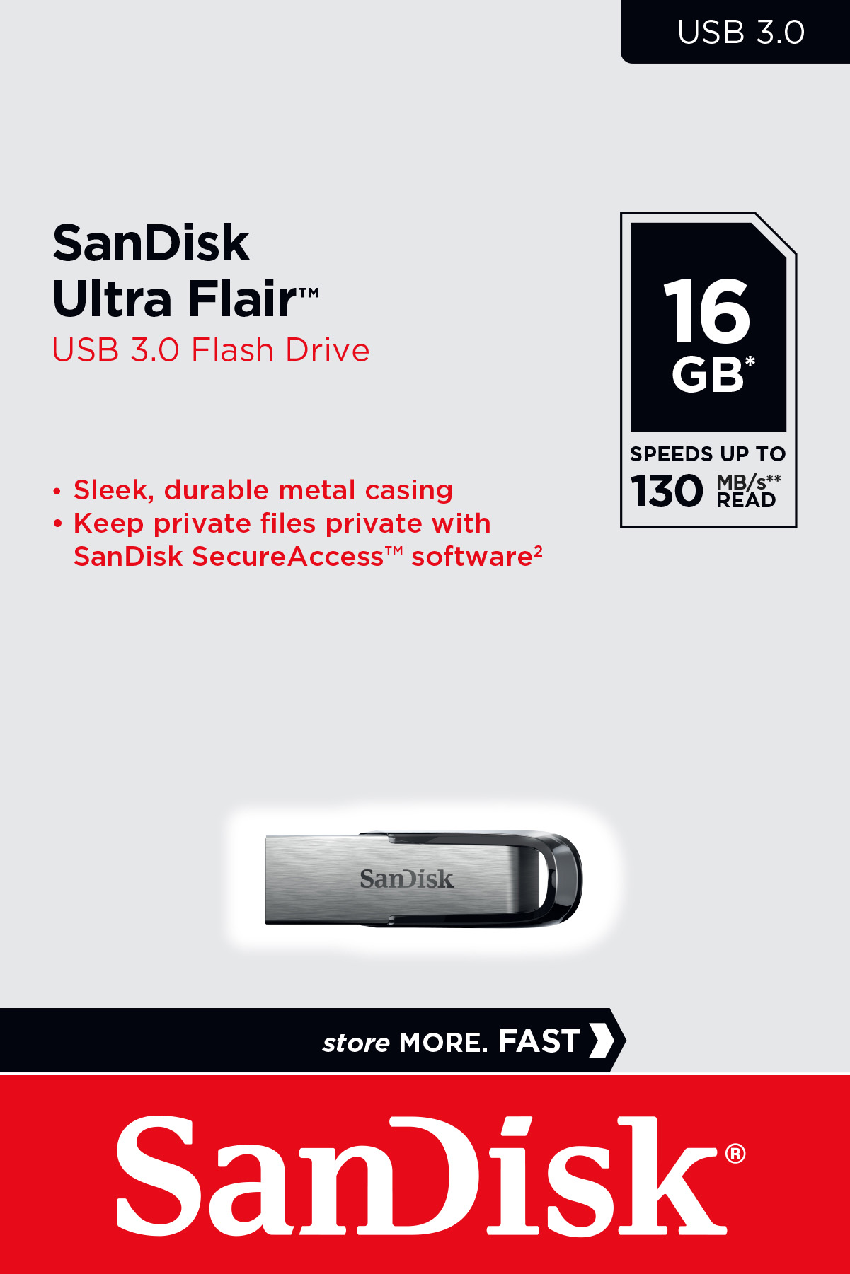 Sandisk USB 3.0 Stick 16GB, Ultra Flair Typ-A, (R) 130MB/s, SecureAccess, Retail-Blister