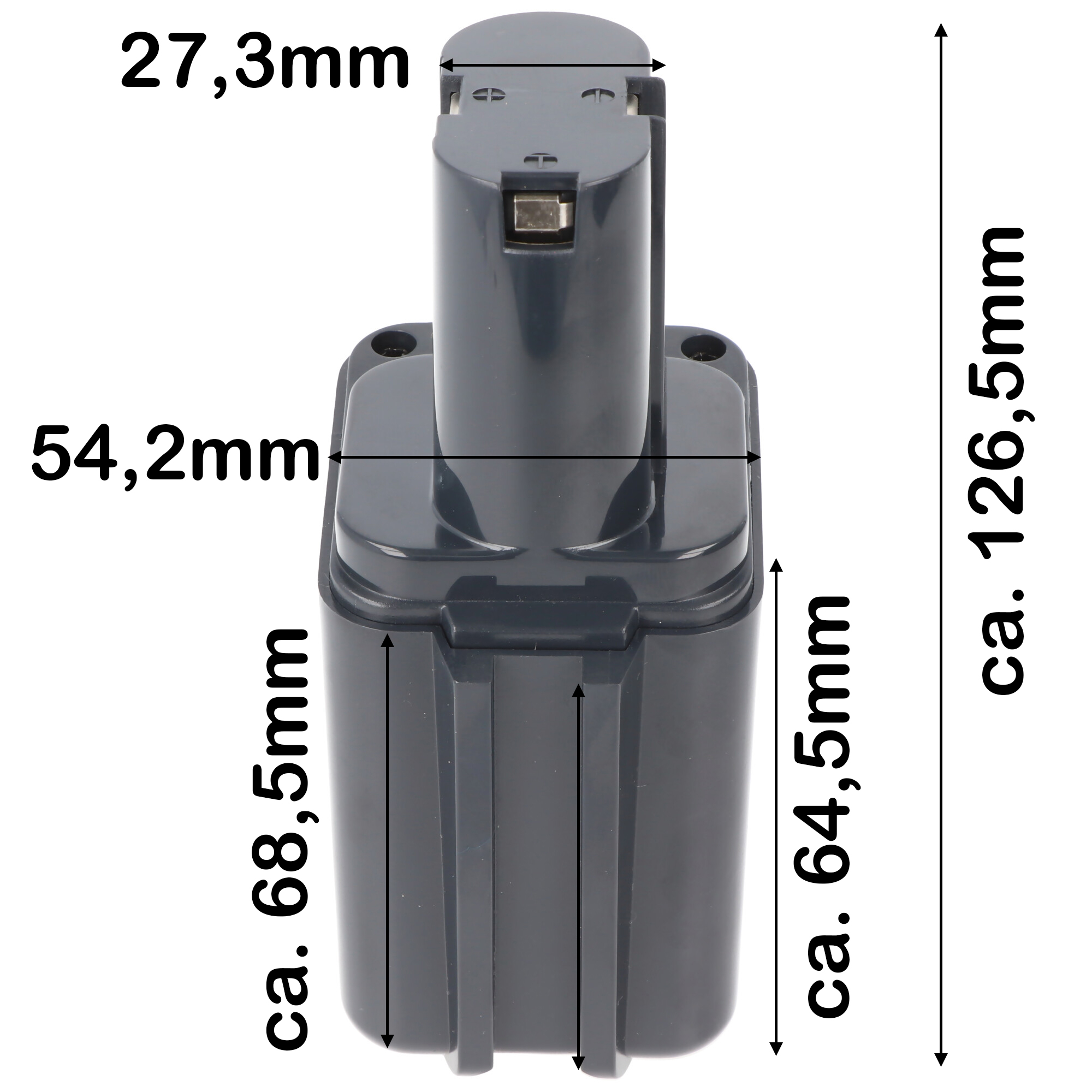 Akku passend für Bosch 2607300002 9,6 Volt 2Ah schmal Abmessungen 126x70x54mm und Bilder exakt vergleichen