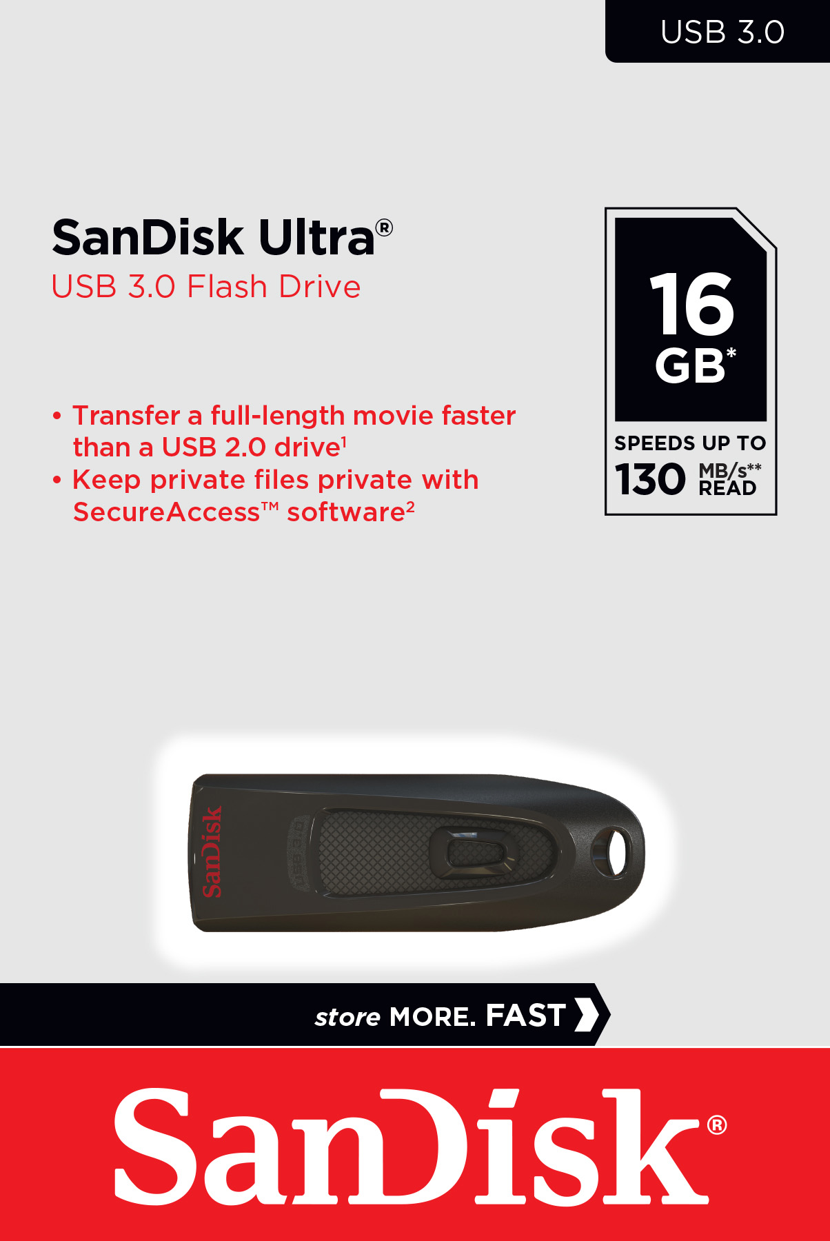 Sandisk USB 3.0 Stick 16GB, Ultra Typ-A, (R) 130MB/s, SecureAccess, Retail-Blister
