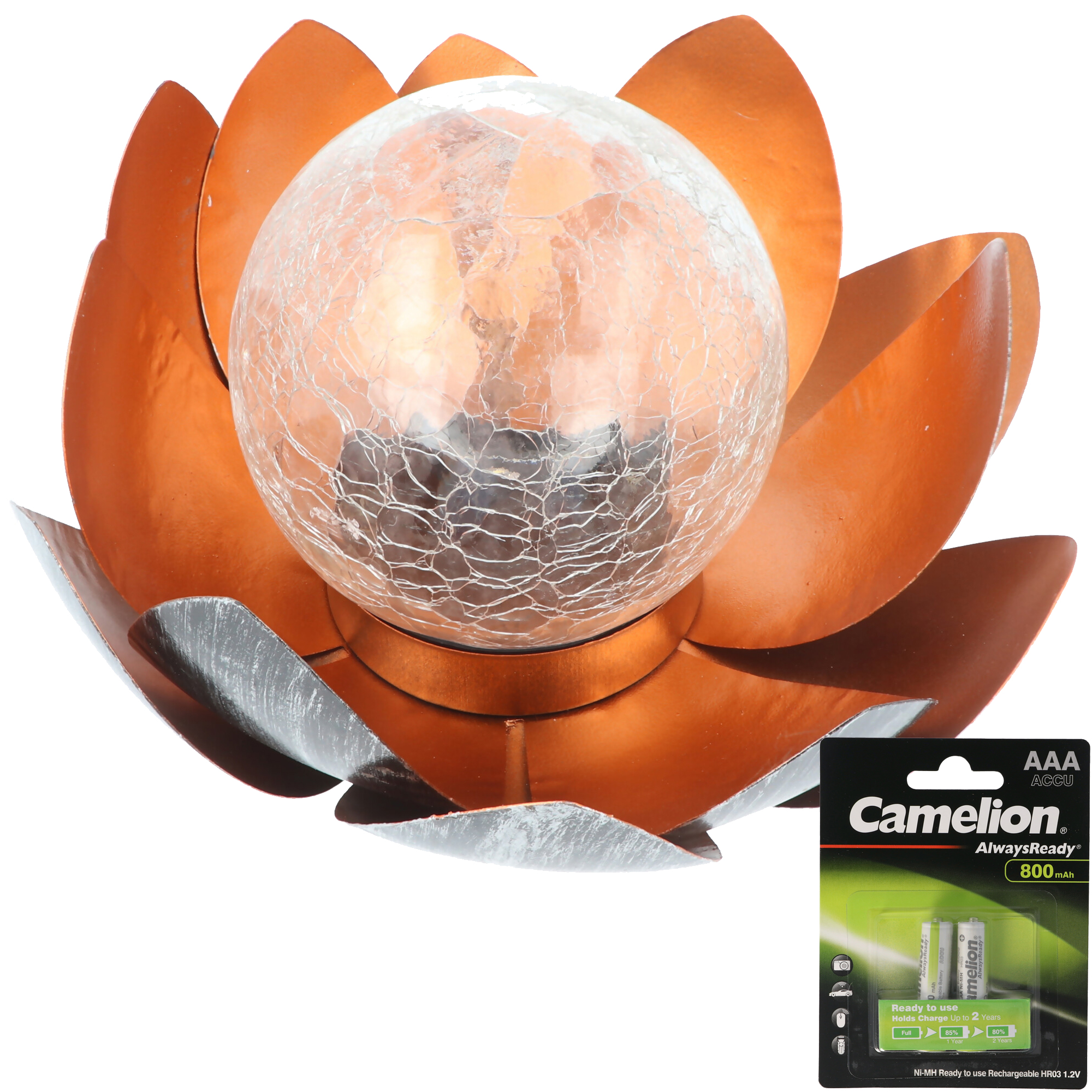 Dekorative Solar Lotusblüte aus Metall mit Glaskugel - angenehm warmweißes Licht - traumhafte Lichteffekte - Bruchglasoptik mit 2x Ersatzakku