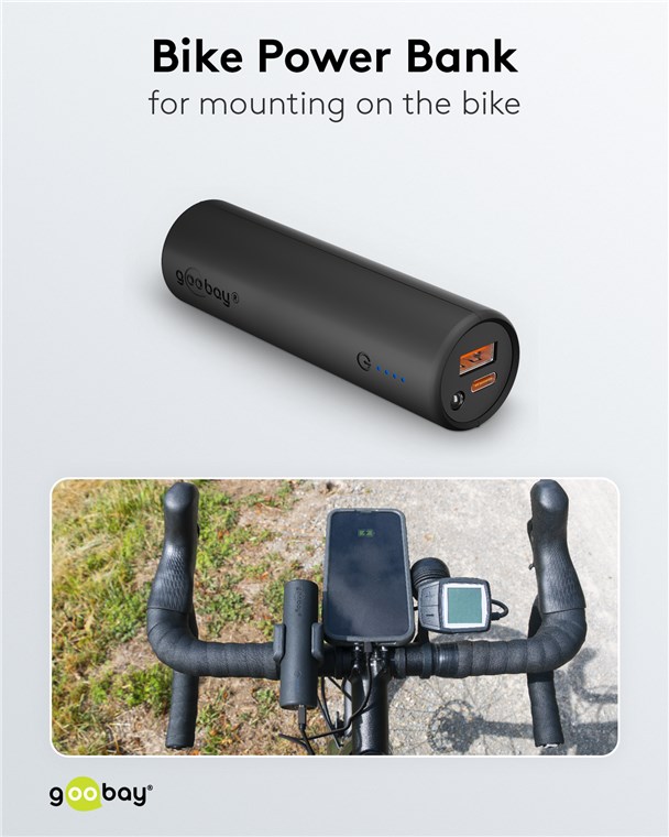 Bike-Powerbank mit 5000mAh, mobile Powerbank ideal zur Montage am Rahmen, mit USB-A und USB-C-Anschluss