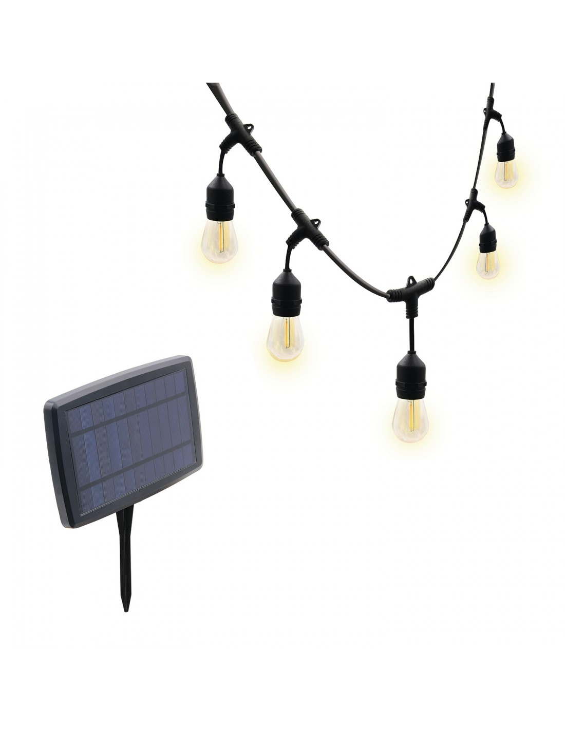Velamp CASSIOPEA: Solarbetriebene Lichterkette IP44, 10 Meter, 10 transparente Glühbirnen, schwarzes Kabel