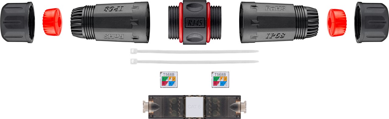 Goobay Outdoor (IP68) Netzwerkkabel-Verbinder, CAT 6 UTP ungeschirmt - staub- und wasserdicht, Klemmleiste für LSA Montage (werkzeugfrei)