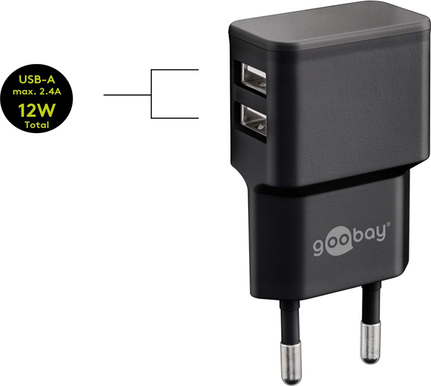 Goobay Apple Lightning Dual Ladeset 2,4 A - Netzteil mit 2x USB-Buchse und Apple Lightning-Kabel 1m (Schwarz)