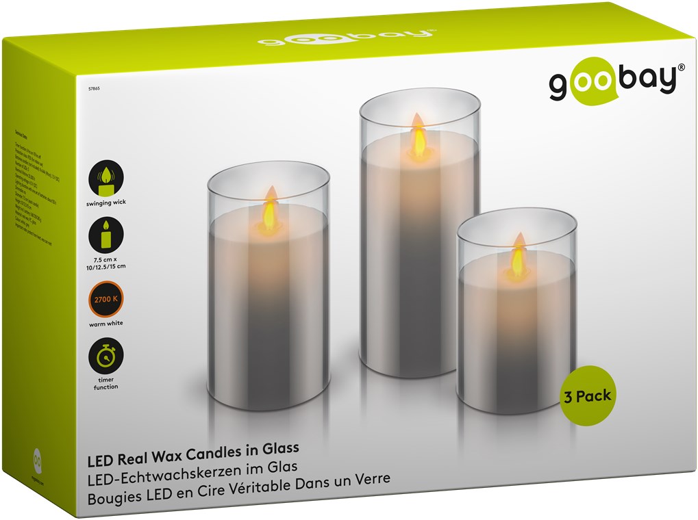 Goobay 3er-Set LED-Echtwachs-Kerzen im Glas - Wunderschöne und sichere Lichtlösung für viele Bereiche wie Haus und Loggia, Büros oder Schulen