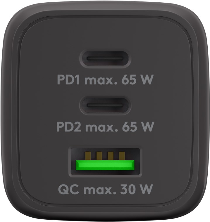 Goobay USB-C™ PD Multiport-Schnellladegerät Nano (65 W) schwarz - 2x USB-C™-Anschlüsse (Power Delivery) und 1x USB-A-Anschluss (Quick Charge 3.0) - schwarz