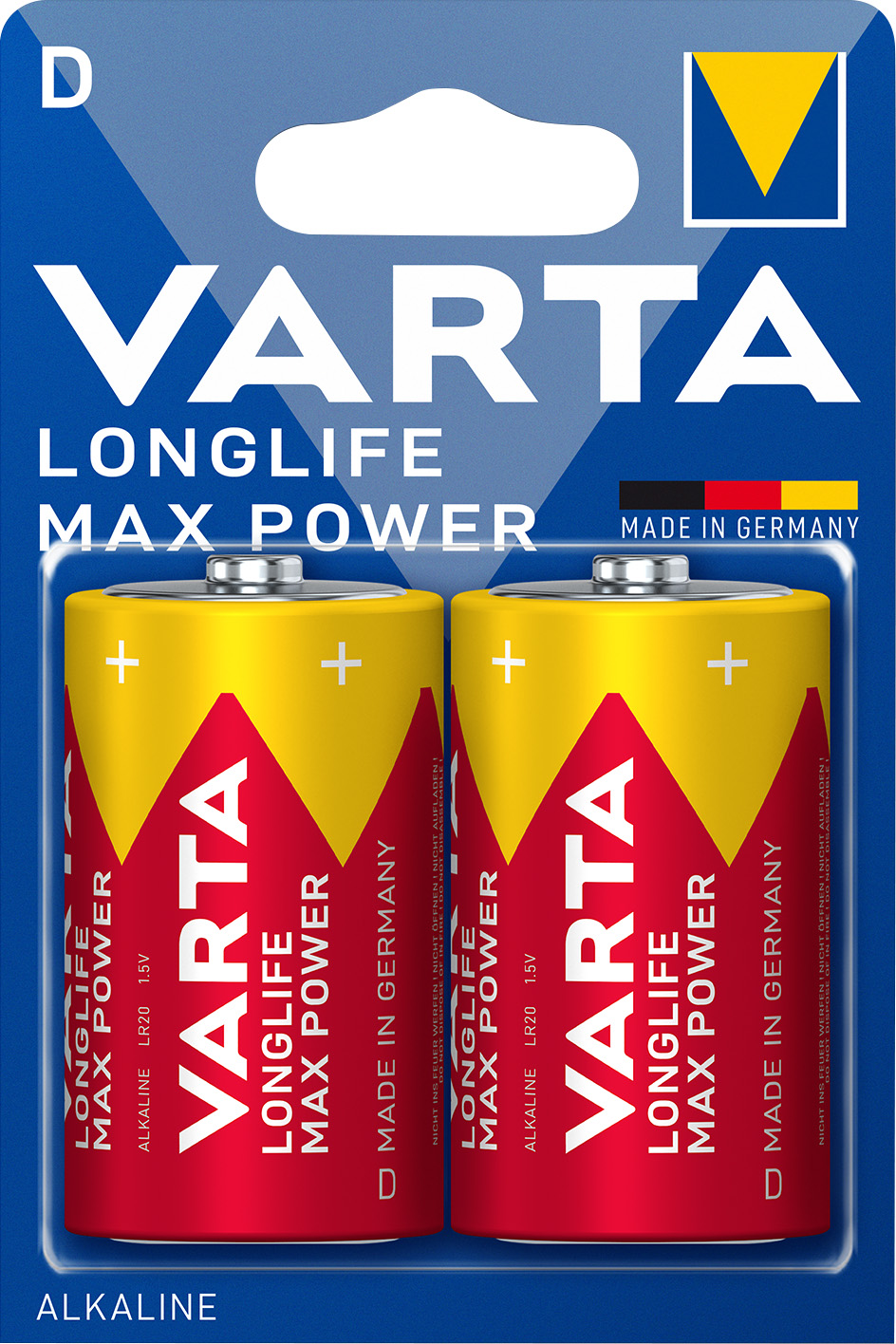 Varta Batterie Alkaline, Mono, D, LR20, 1.5V Longlife Max Power, Retail Blister (2-Pack)