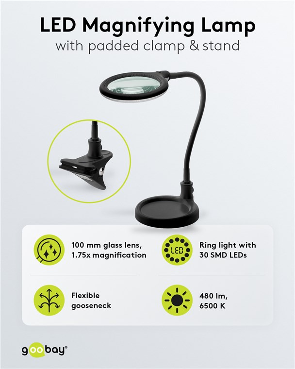 Goobay LED-Stand-/Klemm-Lupenleuchte, 6 W, schwarz - 480 lm, 100 mm Glaslinse, 1,75-fache Vergrößerung, 3 Dioptrien