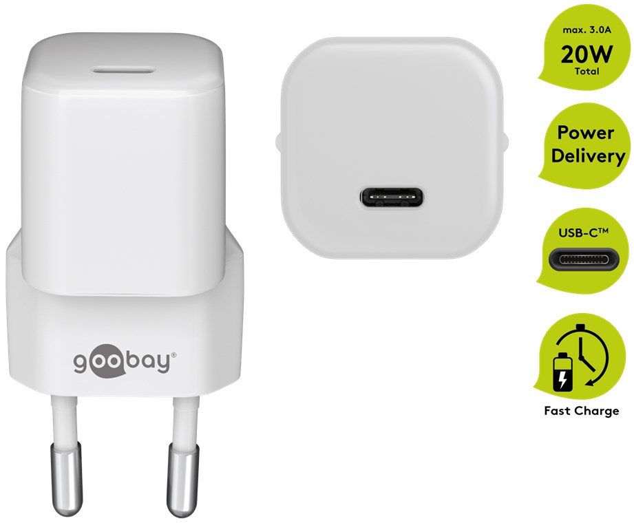 Goobay USB-C™ PD (Power Delivery) Schnellladegerät nano (20 W) weiß - geeignet für Geräte mit USB-C™ (Power Delivery) wie z.B. iPhone 12