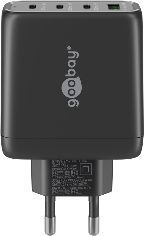 Goobay USB-C™ PD Multiport-Schnellladegerät (68 W) schwarz - 3x USB-C™-Anschlüsse (Power Delivery) und 1x USB-A-Anschluss (Quick Charge) - schwarz