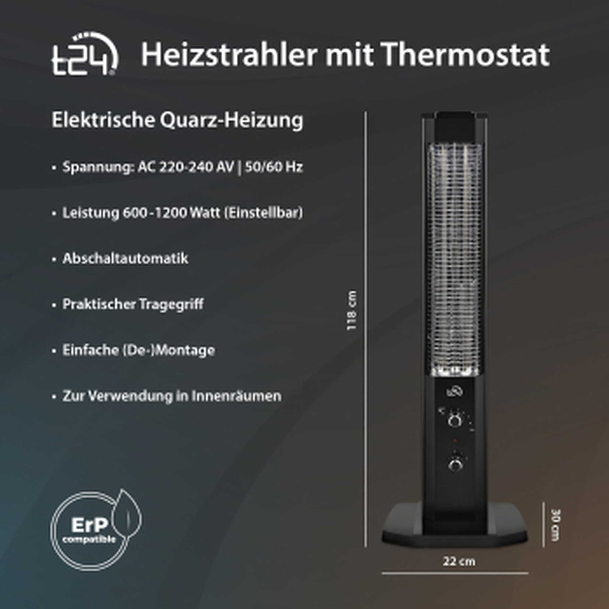 T24 Heizstrahler mit Thermostat, energiesparend, regelbar 600-1200W, Heizung in schwarz