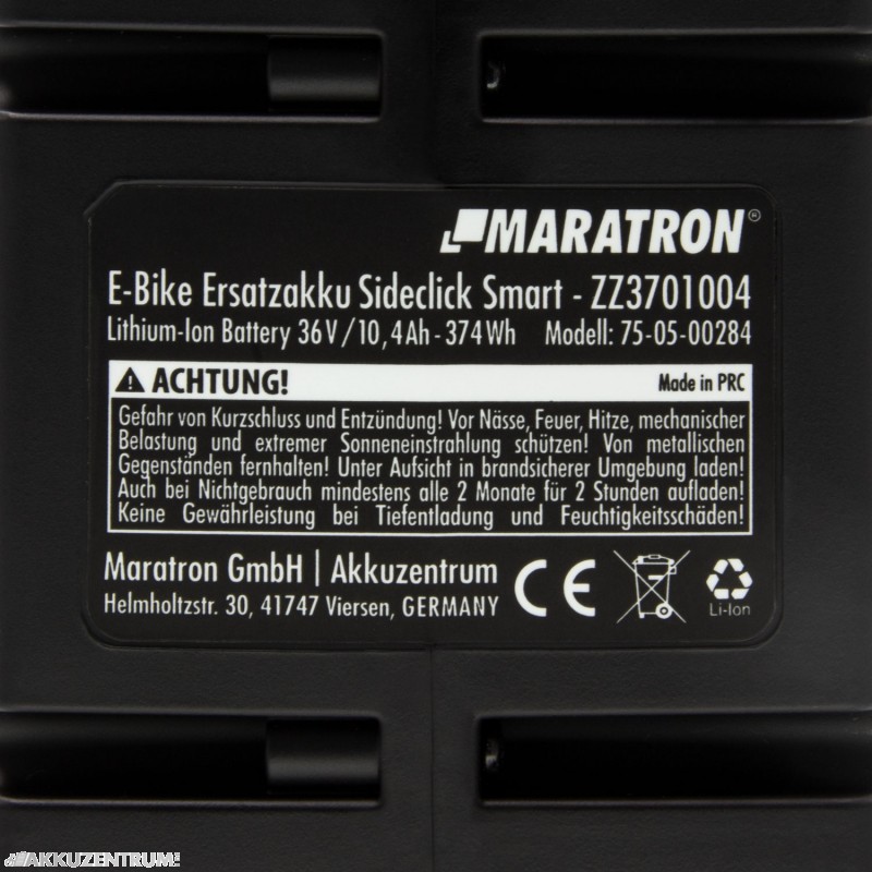 E-Bike Akku Maratron Ersatzakku für smarten "SideClick" – CAN-Bus 36V / 10,4Ah – schwarz - Sattelrohr