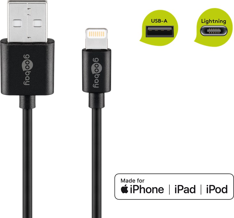 Lightning USB Lade- und Synchronisationskabel, für Apple iPhone, Apple iPod, Apple iPad, schwarz, 2 Meter