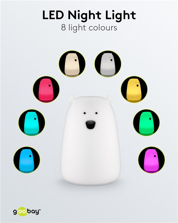 Goobay LED-Nachtlicht "Eisbär" - warmweißes Licht und 7 Farbwechsel (RGB-Licht), mit 3 Leuchtmodi, Touch-Sensor und Li-Ion-Akku (3,7 V/1200 mAh), aus weichem Silikon