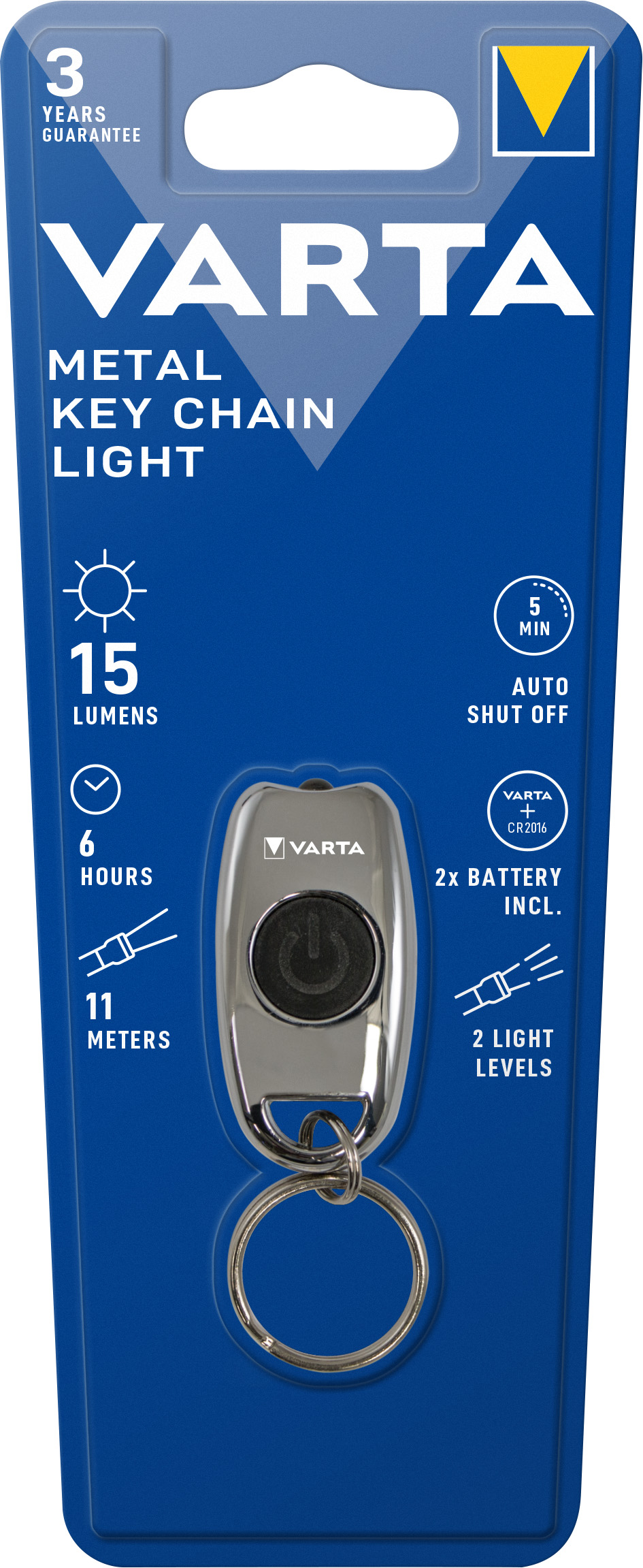 Varta LED Taschenlampe Metal Key Chain Light, 15lm, inkl. 2x Knopfzelle CR2016, Retail Blister