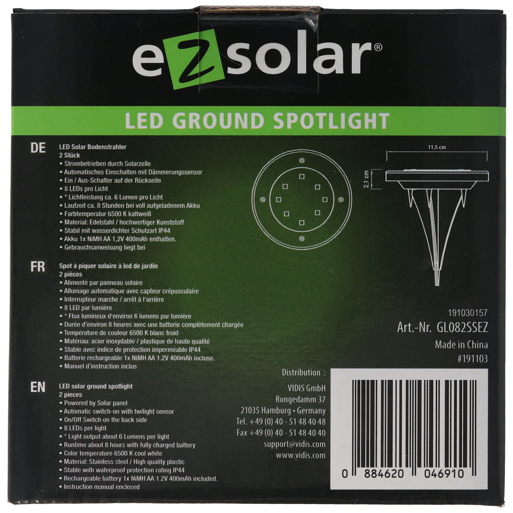 2er Set LED Solar Bodenstrahler, Edelstahl, wasserdicht IP44, inklusive NiMH AA 2,3V 400mAh Akku