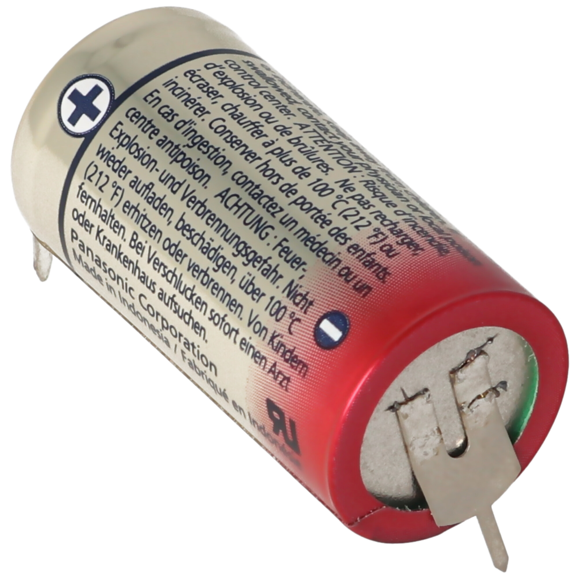 CR123A Batterie mit 3er Printanschluss 2er Print + 1er Print - Kontakten, Spannung 3 Volt Rastermaß 10mm