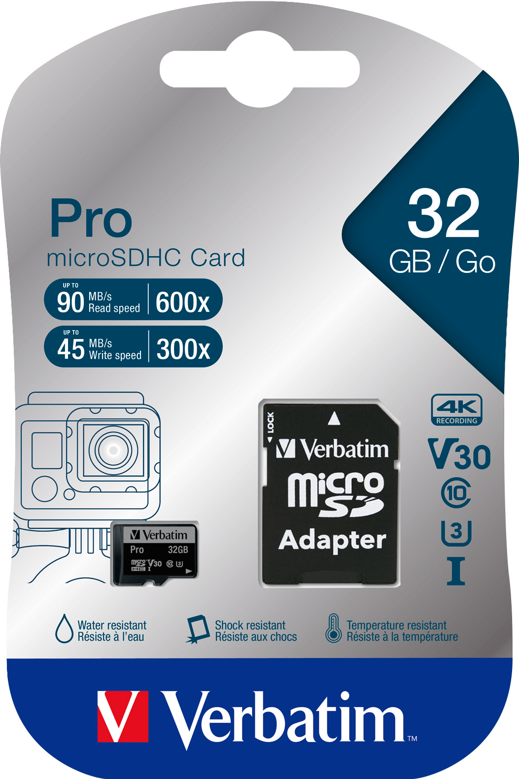 Verbatim microSDHC-Card 32GB, PRO, U3, UHS-I, 4K UHD (R) 90MB/s, (W) 45MB/s, SD Adapter, Retail-Blister