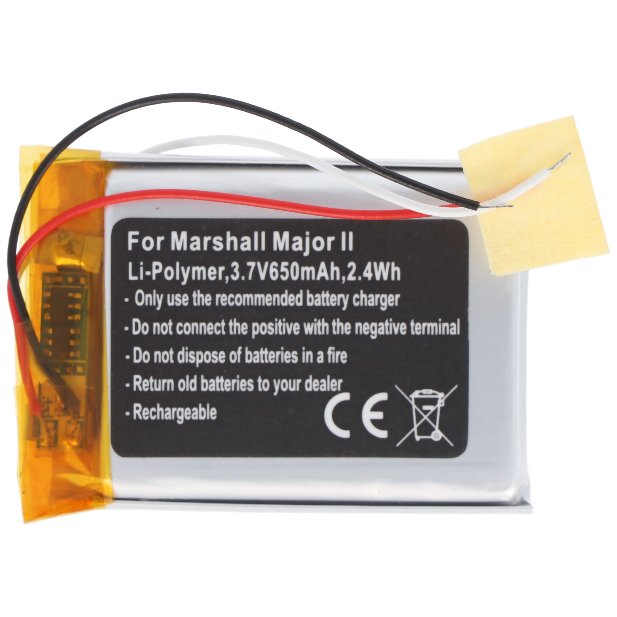 Akku passend für Marshall Major II, Li-Polymer, 3,7V, 650mAh, 2,4Wh, built-in, ohne Werkzeug