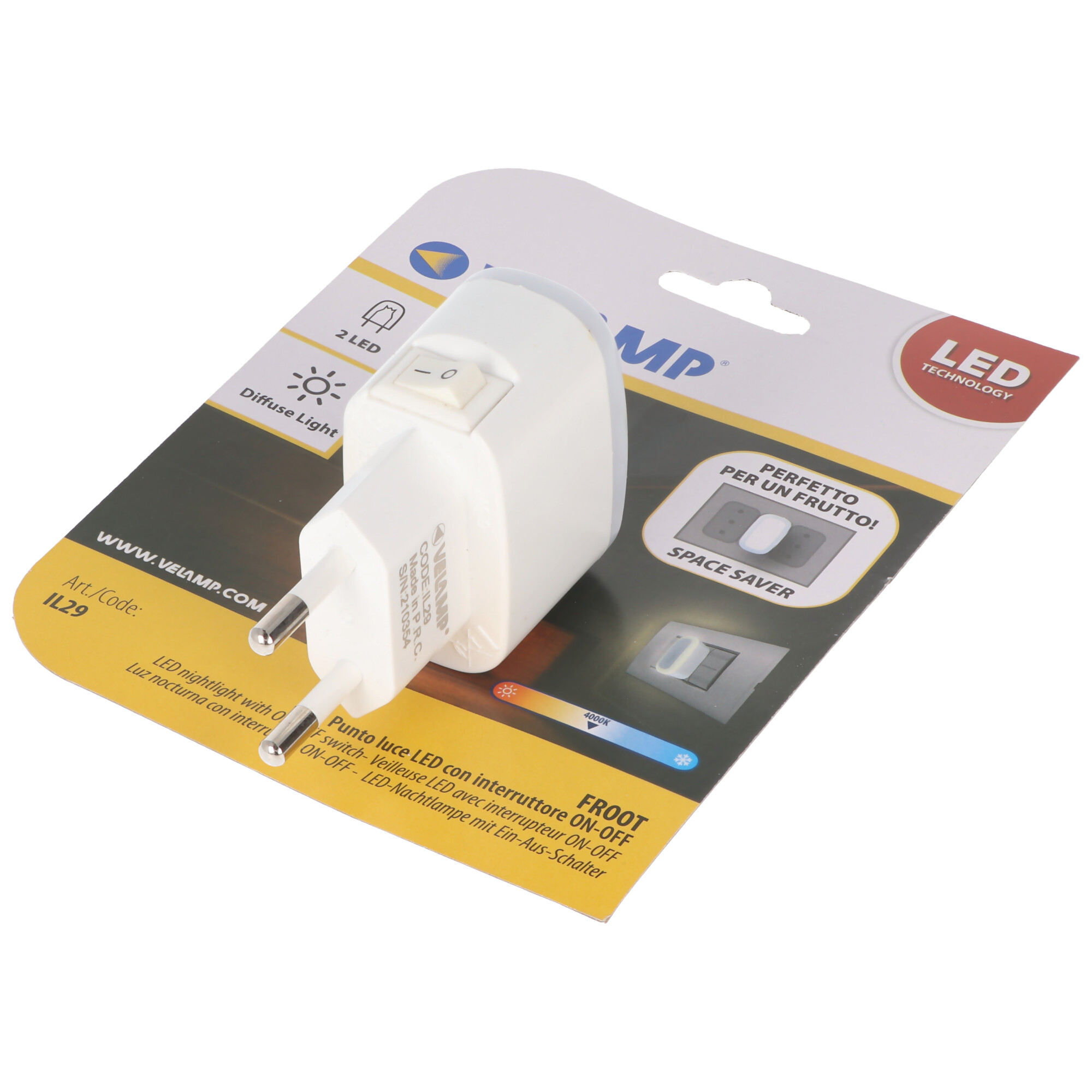 Velamp FROOT, LED-Nachtlicht mit EIN/AUS-Schalter, extra kompakt, vertikale Buchse, weiß