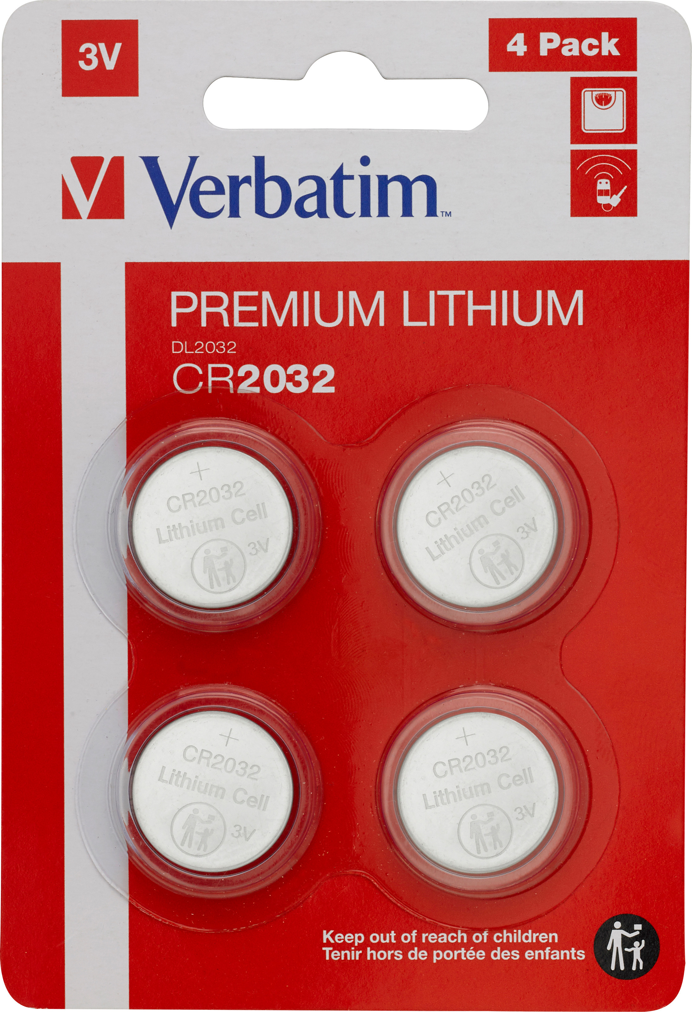 Verbatim Batterie Lithium, Knopfzelle, CR2032, 3V Retail Blister (4-Pack)