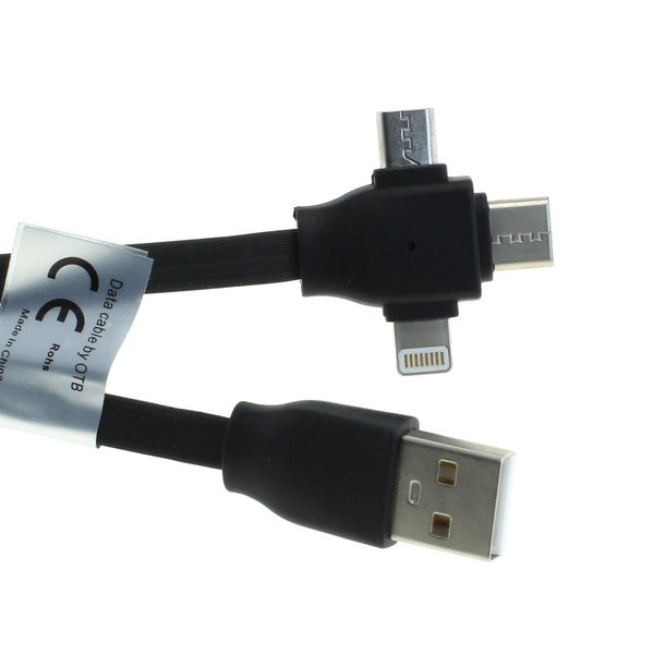 USB Flachband Datenkabel für Apple iPhone XS, Apple iPhone XS Max, Apple iPhone XR, 3in1 Stecker iPhone, Micro-USB, USB-C, ca. 1 Meter lang, schwarz