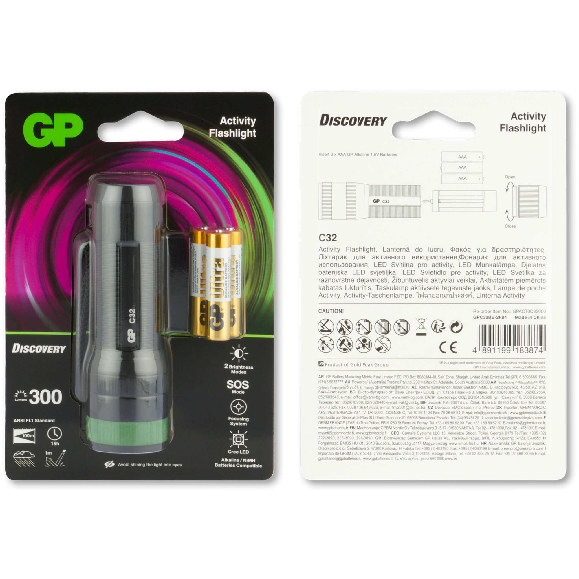 Taschenlampe GP C32 300lumen inkl. 3x AAA 1,5V Batterien